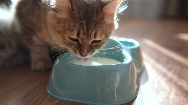 Slow motion, a small gray cat lapping milk from a bowl
