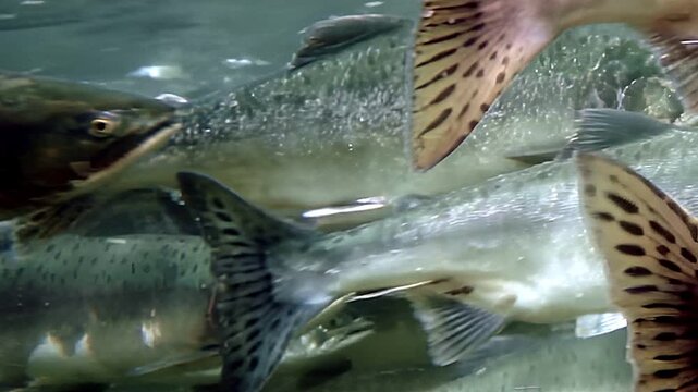 Colorful salmon glide gracefully in clear waters, showcasing their stunning patterns and movements. This captivating glimpse into their underwater world reveals thriving ecosystem filled with energy.