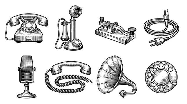 Vintage Communication Devices Vector Illustration Set with Retro Phone, Telegraph, and Microphone in Engraving Style