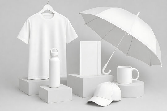White corporate branding mockup set, blank merchandise collection with t-shirt and umbrella, minimalist promotional product identity kit isolated on White Background ai