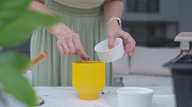 Woman sows seeds from small white bowl into yellow flower pot. Concept of home gardening, seed starting and container planting