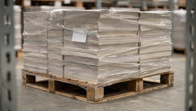 Close medium shot of a single pallet loaded with periodicals edges of rack in soft blur highlighting sharp focus on label and bundle texture.