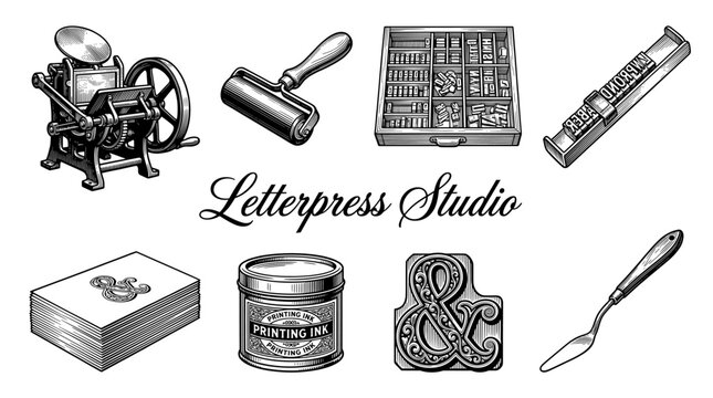 Vintage letterpress studio equipment and tools set, hand-drawn engraving style vector illustration of printing press, ink, brayer, and typography elements.