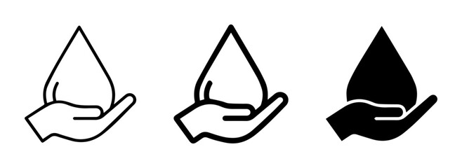 Fototapeta premium Water Drop Icon Set, Hand Holding Liquid Droplet, Conservation Symbol, Clean Water Graphic