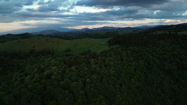Aerial shot gliding over a dense green forest, revealing expansive fields and distant rolling hills under a dramatic, cloudy sky at dusk. A peaceful, natural landscape vista.