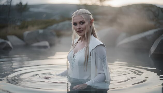 Mystische Elfenfrau in wei&szlig;em Gewand an einem nebelverhangenen Gew&auml;sser mit m&auml;rchenhafter Fantasy-Atmosph&auml;re