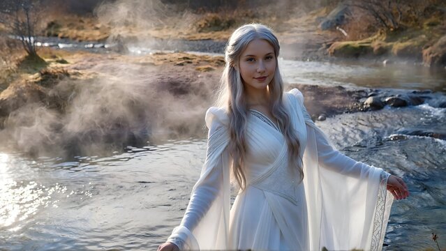 Mystische Elfenfrau in wei&szlig;em Gewand an einem nebelverhangenen Gew&auml;sser mit m&auml;rchenhafter Fantasy-Atmosph&auml;re