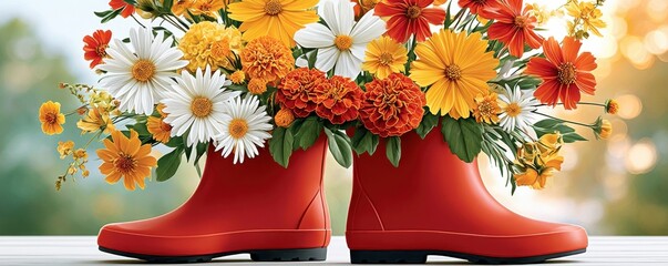 Fototapeta premium Bright red rain boots filled with a colorful wildflower bouquet on a wooden table