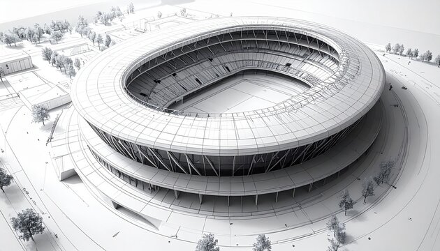 Detailed architectural rendering of a grand circular stadium featuring tiered seating and an open field in a clean professional design