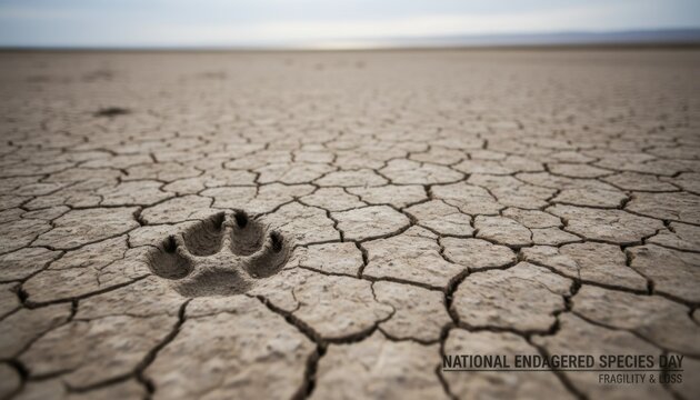 Single animal paw print pressed firmly into cracked parched earth symbolizing the fragile state of ecosystems during National Endangered Species Day