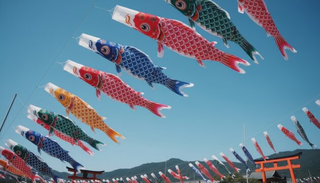 Colorful carp shaped windsocks known as Koinobori hanging against a bright blue sky during a traditional Japanese festival celebration