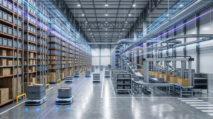 Fototapeta premium Automated robots moving goods in a modern distribution warehouse