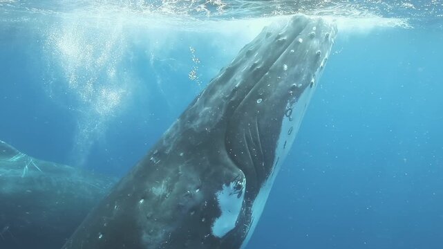 Witness the graceful movements of a humpback whale as it swims slowly through the crystal-clear waters of the Pacific ocean. This gentle giant captivates with its beauty and elegance.