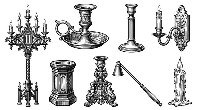 Vintage Antique Candlesticks and Gothic Candelabra Collection, Ornate Victorian Sconces and Candle Snuffer, Engraving Style Vector Illustration