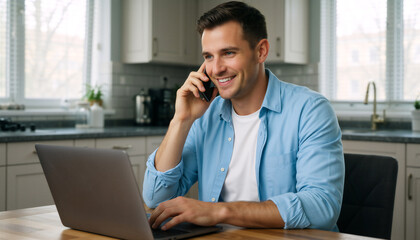 Naklejka premium Man working remotely on video call in a bright kitchen setting, using laptop and phone.