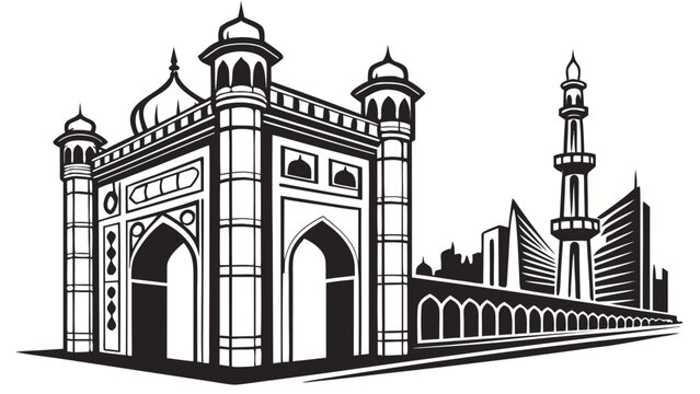 Black and white illustration of a mosque with towers and arches