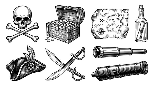 Vintage Pirate Adventure Vector Illustration Set Featuring Skull and Crossbones, Treasure Chest, Old Map, Cannon, and Cutlasses in Hand Drawn Engraved Style