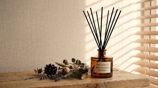 Tranquil home fragrance diffuser with sticks and herbs on wooden table