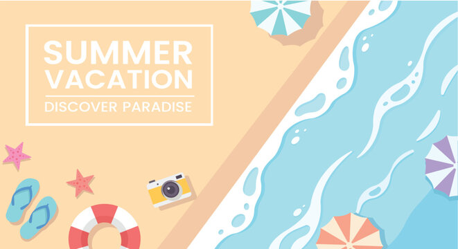 Summer vacation beach travel concept flat lay illustration with vacation paradise slippers lifebuoy umbrella illustration adventure destinations relaxation accessories summertime background