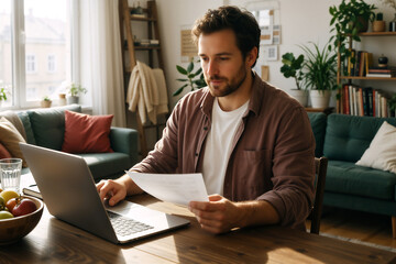 Fototapeta premium Man working remotely at home office desk with laptop and documents in a bright, cozy living room setting.