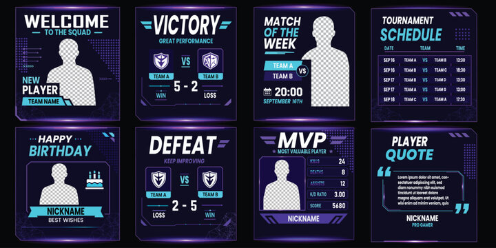  Gaming social media template set for streamers with streamer template tournament schedule graphics competitive branding creative interface headshot scoreboard promotion