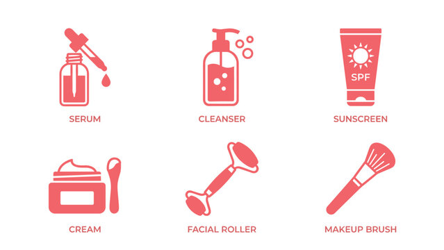 Skincare routine icons serum cleanser sunscreen cream facial roller makeup brush