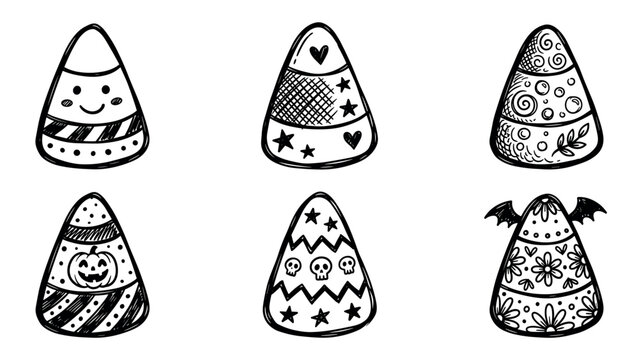 Hand drawn Halloween candy corn illustrations with various patterns