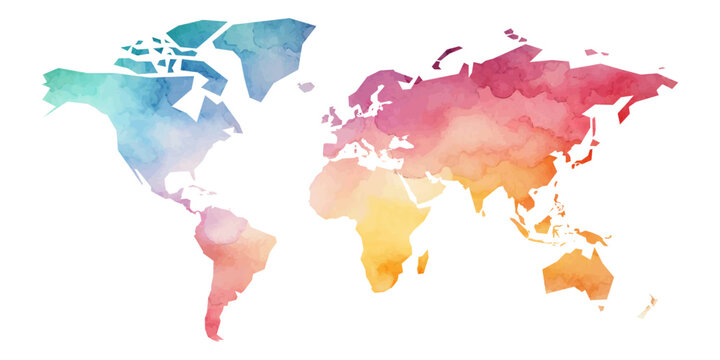 A world map created with watercolor. Different colors blend together to form the continents. The map has no labels or details, focusing on the shapes.