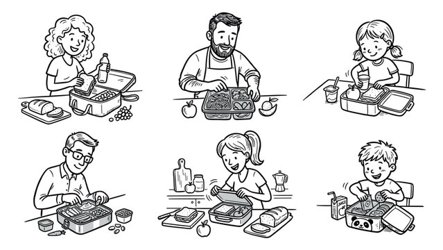 Diverse people preparing healthy lunch boxes for school and work