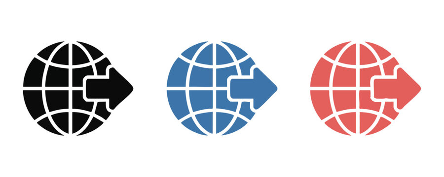 Three colored icons of world globes with arrows pointing outwards representing global connection.