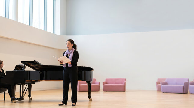 Orchestra conductor leading a performance with an opera singer on stage