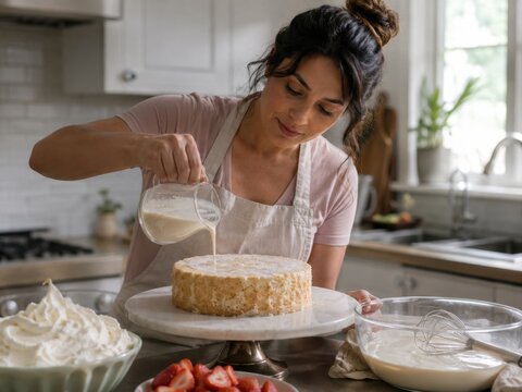 Eine B&auml;ckerin tr&auml;nkt einen Tres-Leches-Kuchen mit cremiger Milchmischung und bereitet ihn f&uuml;r Sahne und Erdbeeren vor. Authentische Zubereitung einer mexikanischen Nachspeise.