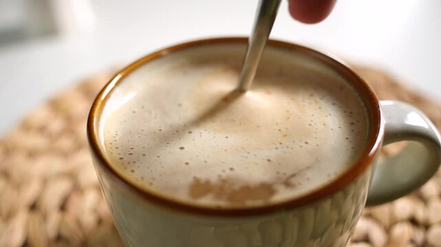 Close-up of a spoon stirring cappuccino in a mug