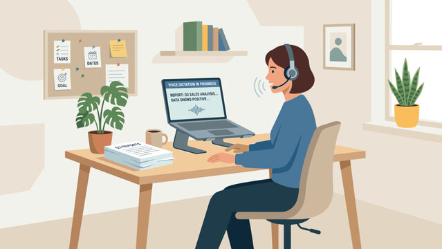 Woman using voice dictation software for sales analysis report on laptop at home office desk