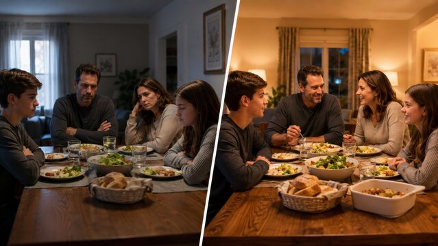 Tense family dinner and calm conversation in warm light