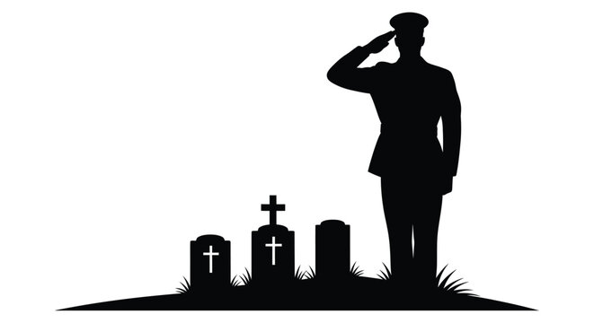 Silhouette of soldier saluting at graveside on white background high quality