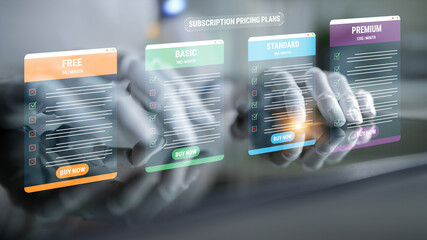 Hands Interacting with Digital Subscription Pricing Plans Displayed on Transparent Screens...