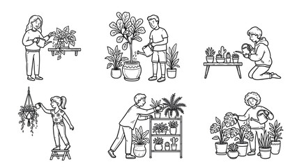 Obraz premium People Watering Plants Collection Line Art Illustration