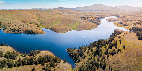 Obraz premium Ribnjak lake winding through golden and green hills with scattered pine trees, an expansive Zlatibor nature landscape