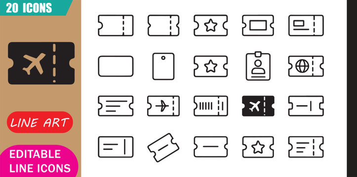 Isolated ticketing icons set, 20 editable line art icons set, ticketing pass, admission event booking, reservation entry travel, access management theme style, clean outline vector
