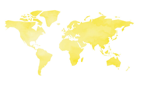 Artistic watercolor representation of a world map featuring soft yellow textures. This design highlights continents and oceans with a creative and colorful flair, perfect for various artistic uses.