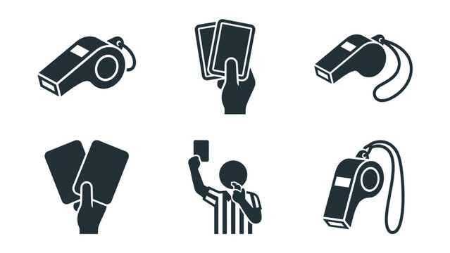 Sports referee icons whistle and cards for game control and penalties