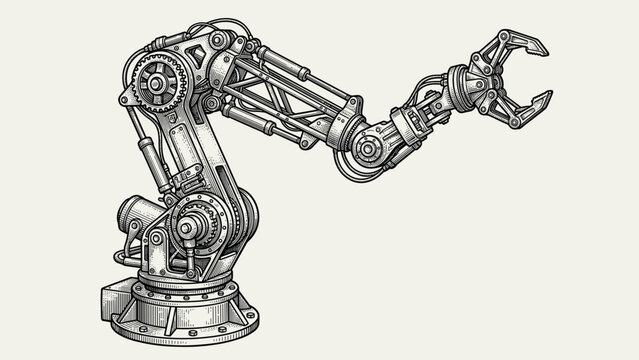 Detailed illustration of a mechanical robotic arm with a gripper in a vintage engraving style
