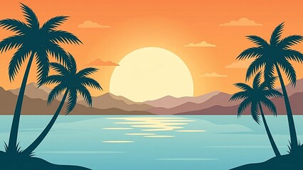 Fototapeta premium Serene tropical sunset illustration. Calm ocean reflects a radiant sun behind mountains, framed by silhouetted palm trees. Vibrant sky, peaceful atmosphere