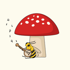 Fototapeta premium bee playing music beside mashroom