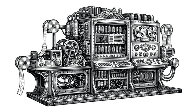Intricate Steampunk Analytical Engine with Punch Card Reader and Vacuum Tubes