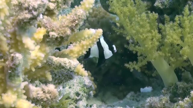 Black and white striped fish gracefully navigate a colorful coral garden. They weave through luminous yellow soft coral and intricate stony structures during a serene day in the ocean.