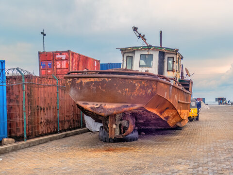 An old rusty dry-docked tug boat at Port de Tulear, Toliara, Madagascar