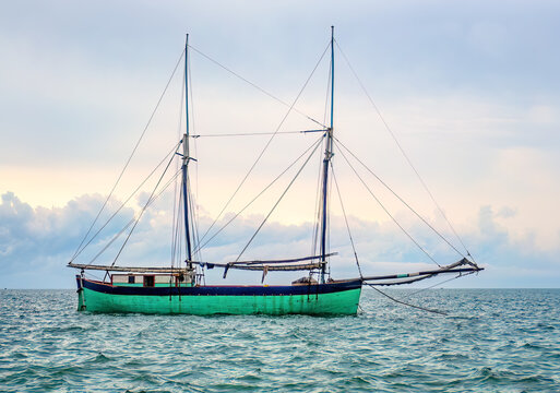 An old two-masted schooner-type dhow often called a boutre in Madagascar in Toliara, Madagascar