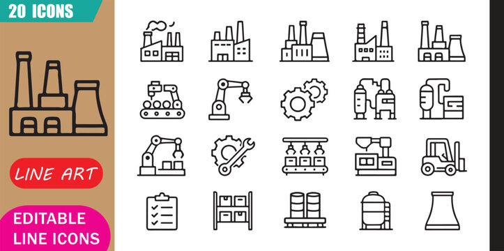 Industrial plant icons set, 20 editable line art icons set, industrial plant, manufacturing production facility, machinery engineering warehouse, industry business theme style, clean outline vector